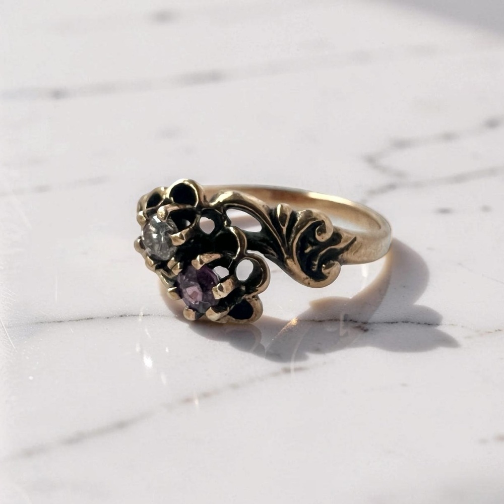 VTG Ruby Diamond Gold Floral Ring 14K size 5.5